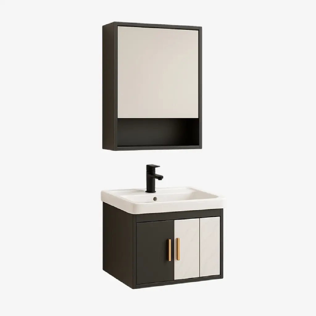 Set 24 de Baño con Espejo de 1 repisa horizontal y mueble con 2 puertas  lavamanos 51*35*41CM