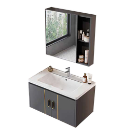 [NH12S21BEMM2P70CM] Set 21 de Baño con Espejo de repisa doble y mueble con 2 puertas lavamanos 70*47*40CM